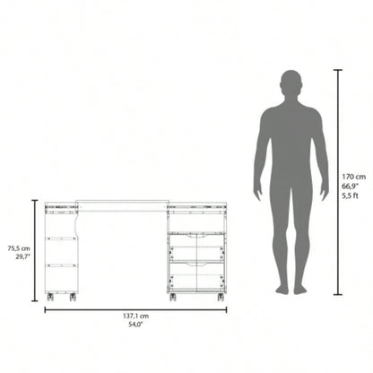 Extendable Desk, 2 Drawers, 4 Shelves, 4 Wheels