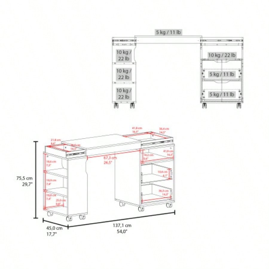 Extendable Desk, 2 Drawers, 4 Shelves, 4 Wheels