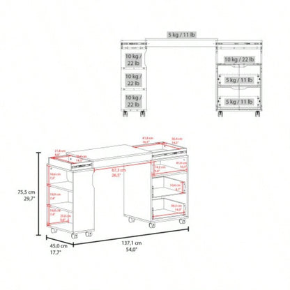 Extendable Desk, 2 Drawers, 4 Shelves, 4 Wheels