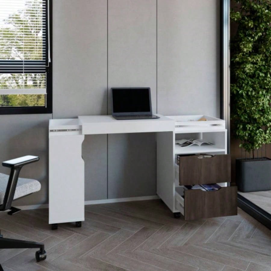 Extendable Desk, 2 Drawers, 4 Shelves, 4 Wheels