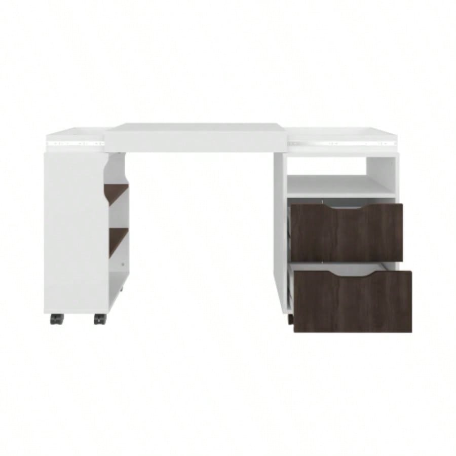 Extendable Desk, 2 Drawers, 4 Shelves, 4 Wheels