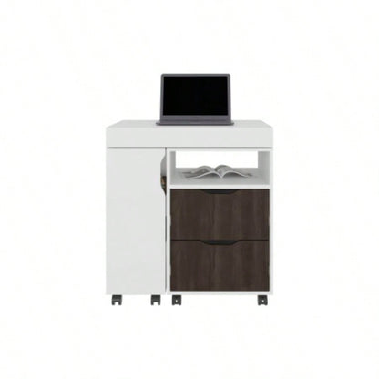 Extendable Desk, 2 Drawers, 4 Shelves, 4 Wheels