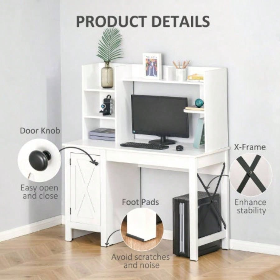 HOMCOM Farmhouse Computer Desk with Hutch and Cabinet, Home office Desk with Storage, Study, White