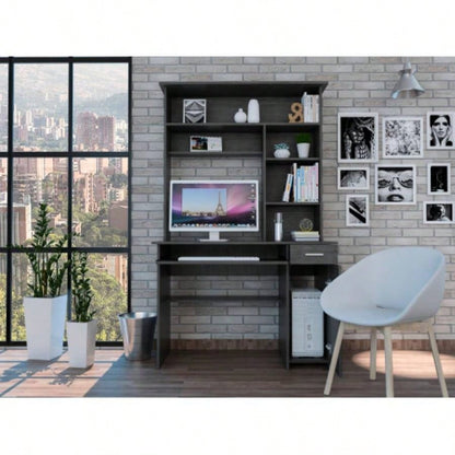 Weston Two Writing Computer Desk, Hutch, Single Drawer and Cabinet, Six Shelves