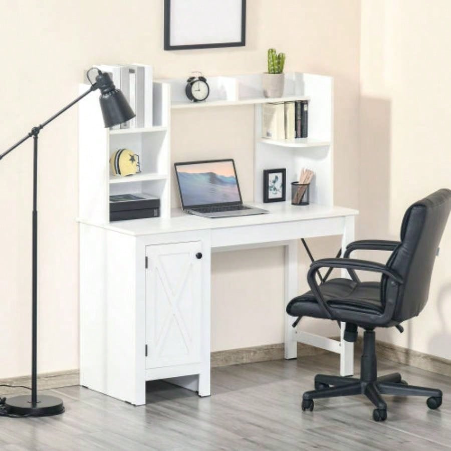 HOMCOM Farmhouse Computer Desk with Hutch and Cabinet, Home office Desk with Storage, Study, White