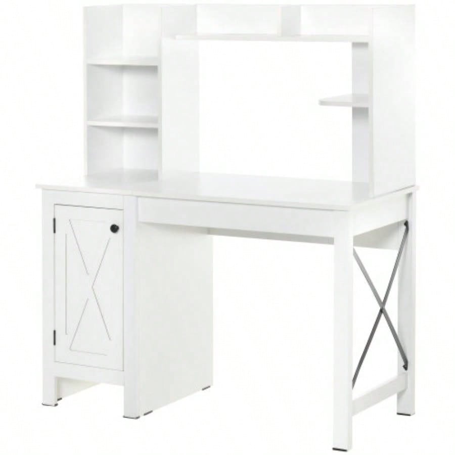 HOMCOM Farmhouse Computer Desk with Hutch and Cabinet, Home office Desk with Storage, Study, White