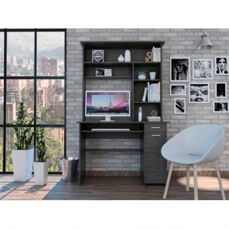 Weston Two Writing Computer Desk, Hutch, Single Drawer and Cabinet, Six Shelves