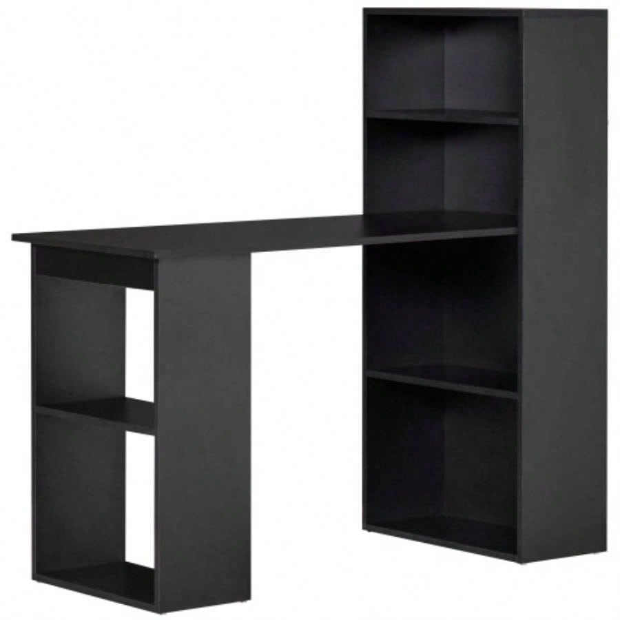 HOMCOM Modern Home Office Desk with 6 - Tier Storage Shelves, 47 Writing Table with Bookshelf, Black