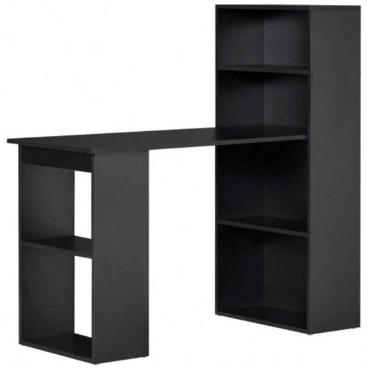 HOMCOM Modern Home Office Desk with 6 - Tier Storage Shelves, 47 Writing Table with Bookshelf, Black
