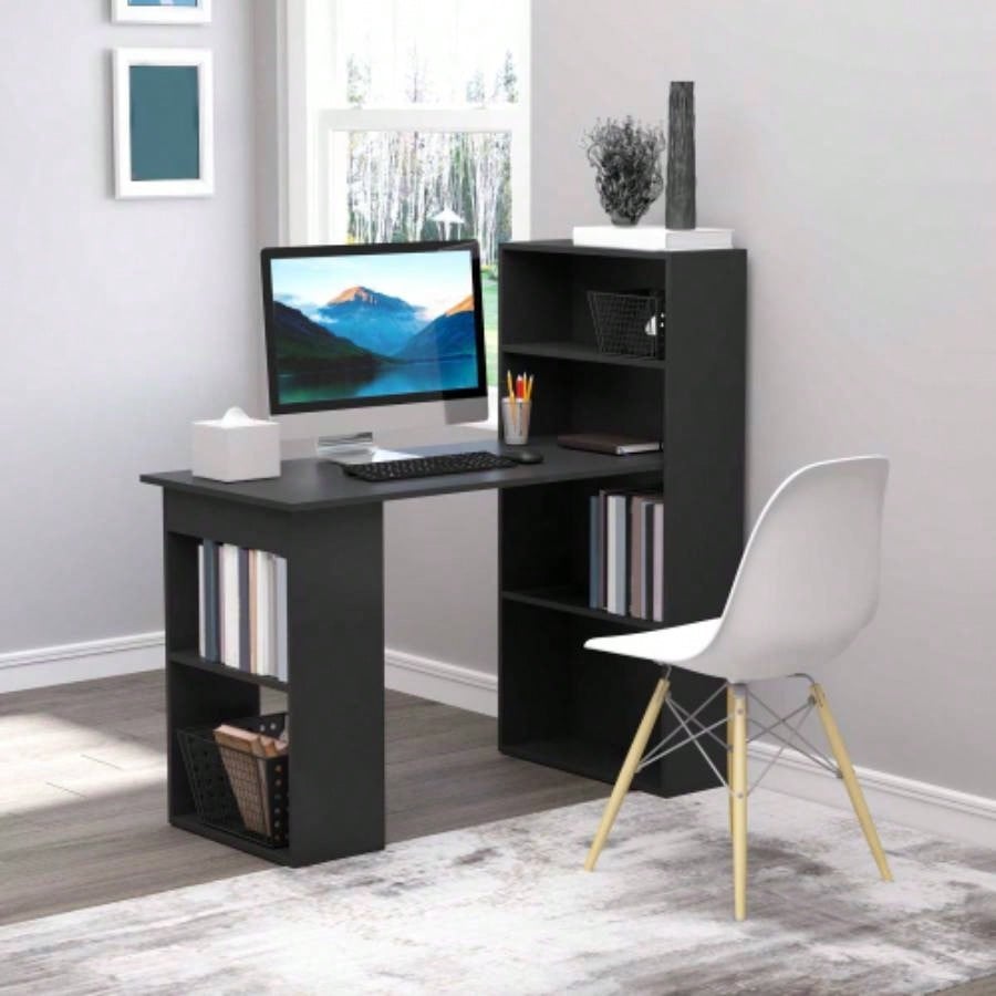 HOMCOM Modern Home Office Desk with 6 - Tier Storage Shelves, 47 Writing Table with Bookshelf, Black