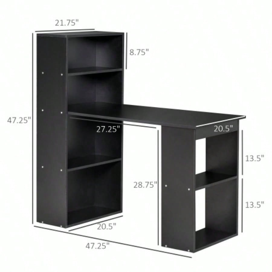 HOMCOM Modern Home Office Desk with 6 - Tier Storage Shelves, 47 Writing Table with Bookshelf, Black