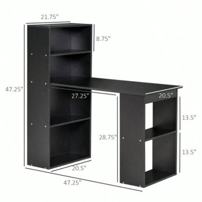 HOMCOM Modern Home Office Desk with 6 - Tier Storage Shelves, 47 Writing Table with Bookshelf, Black