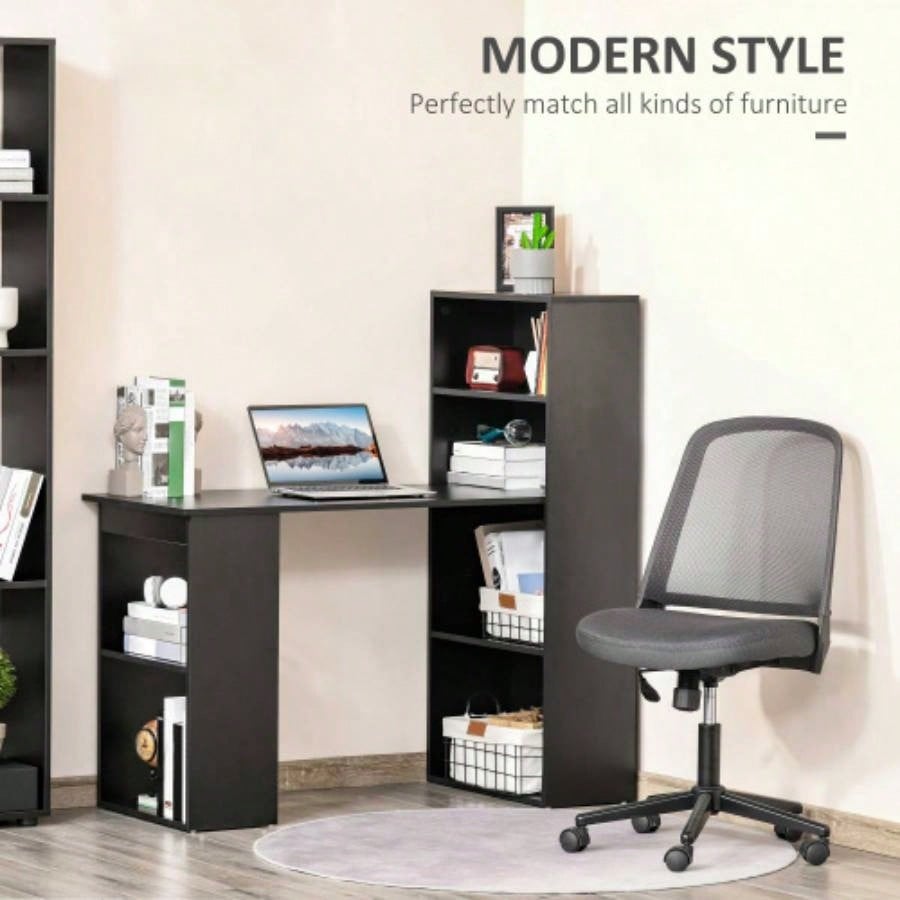 HOMCOM Modern Home Office Desk with 6 - Tier Storage Shelves, 47 Writing Table with Bookshelf, Black