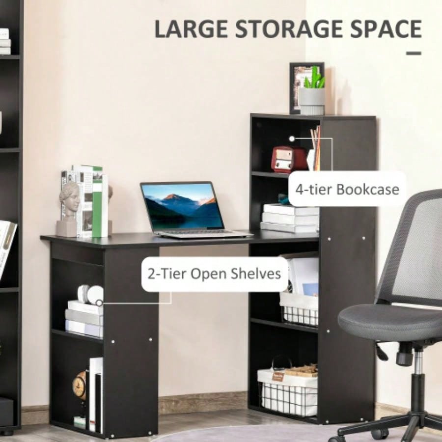 HOMCOM Modern Home Office Desk with 6 - Tier Storage Shelves, 47 Writing Table with Bookshelf, Black