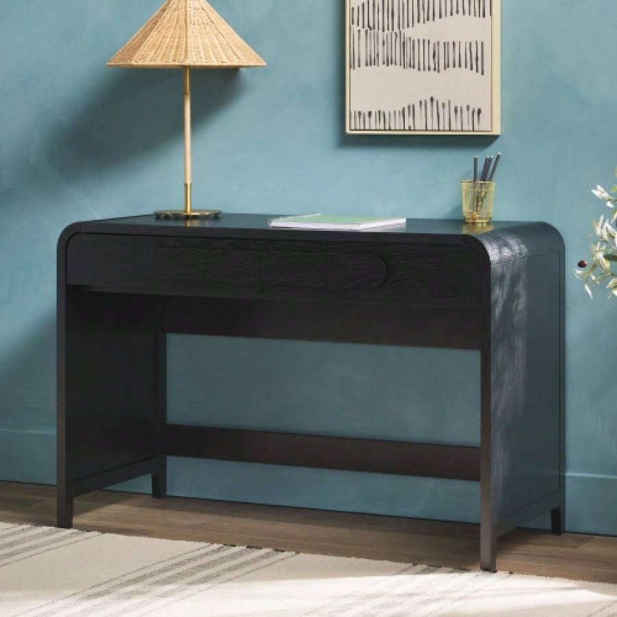 Modern Curved Waterfall Desk with Drawers - Black