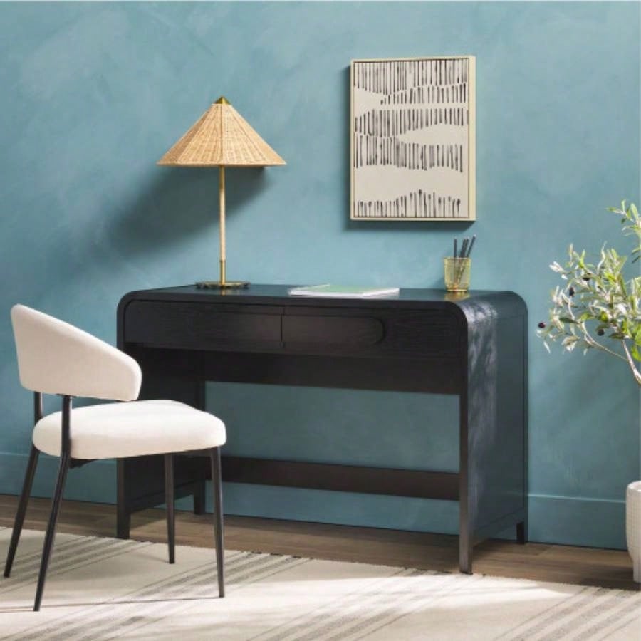 Modern Curved Waterfall Desk with Drawers - Black