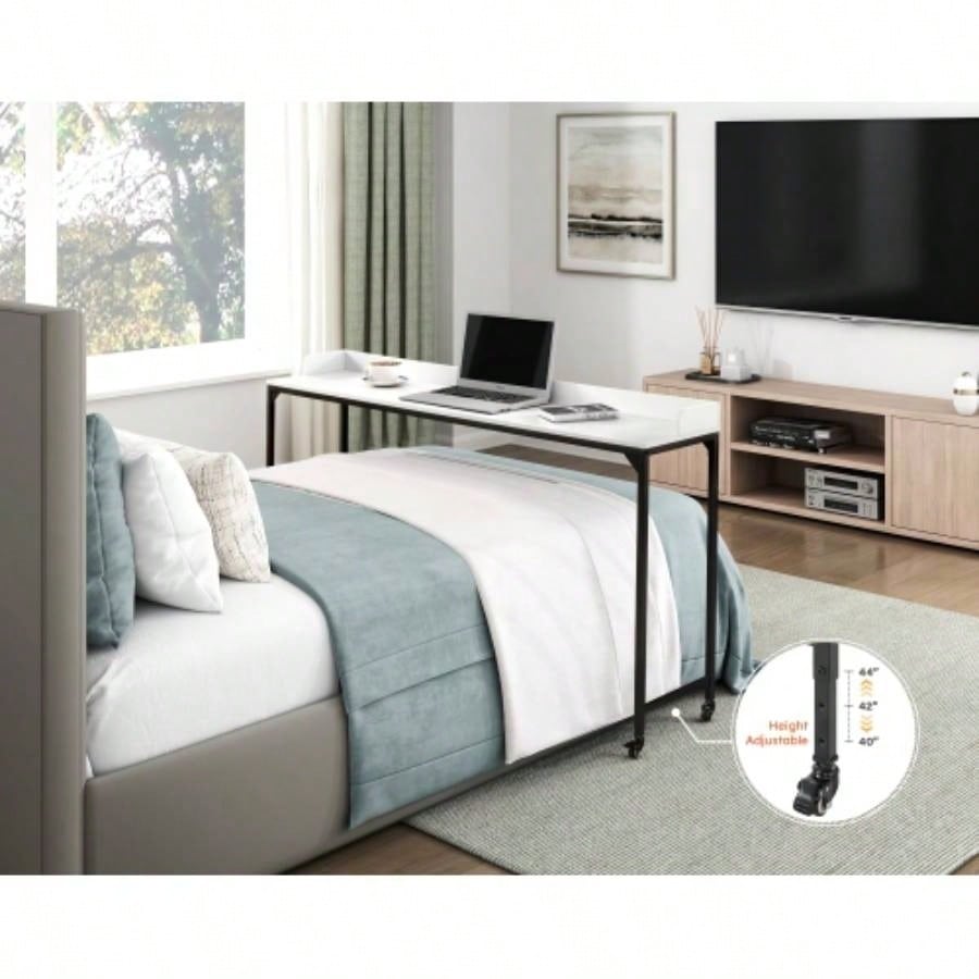 White Multipurpose Over Bed Desk with Adjustable Height, Metal with Casters, Overbed Table 1pc, Laptop Table Bed, Breakfast Table