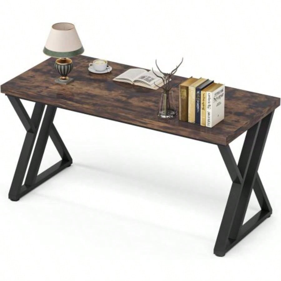 55 Inches Modern Writing Desk with Z - Shaped Metal, Heavy Duty Computer Desk Home Office or Study, Rustic Brown Wood Desktop, Spacious Work Surface Sturdy Frame