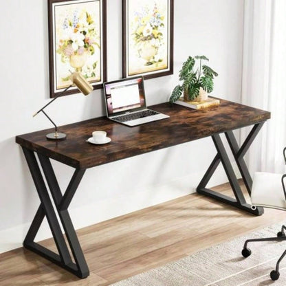 55 Inches Modern Writing Desk with Z - Shaped Metal, Heavy Duty Computer Desk Home Office or Study, Rustic Brown Wood Desktop, Spacious Work Surface Sturdy Frame