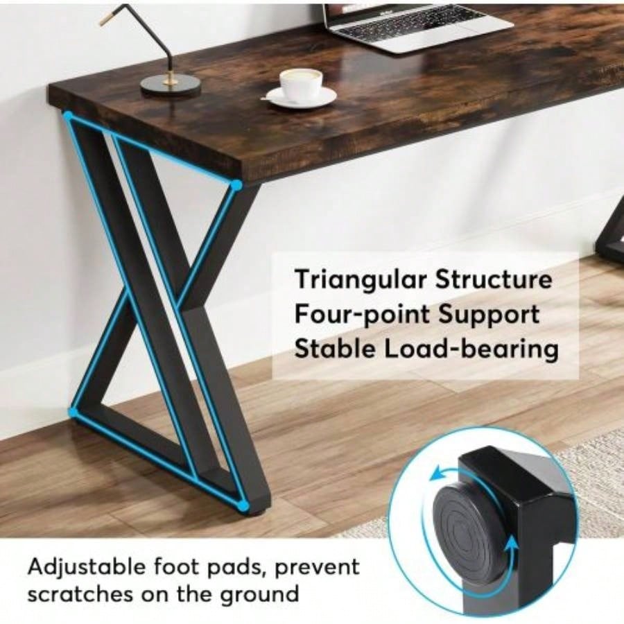 55 Inches Modern Writing Desk with Z - Shaped Metal, Heavy Duty Computer Desk Home Office or Study, Rustic Brown Wood Desktop, Spacious Work Surface Sturdy Frame