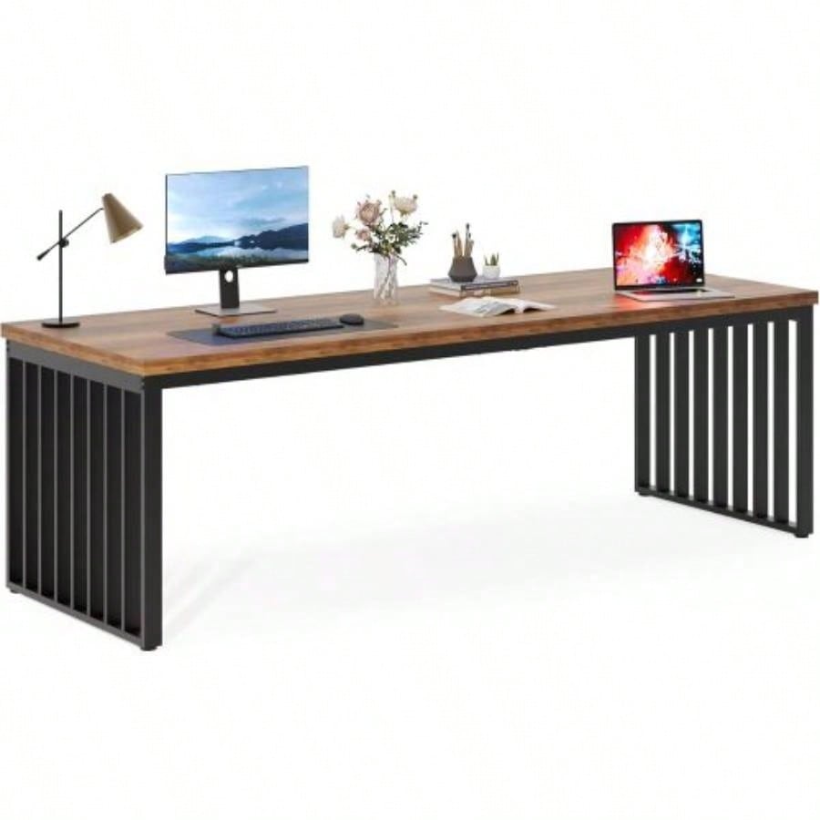 78.74 Inches Double Computer Desk 2 Person - Long Industrial Workstation with Heavy Duty Metal Frame, Large Dual Study Table Home Office, Brown and Black