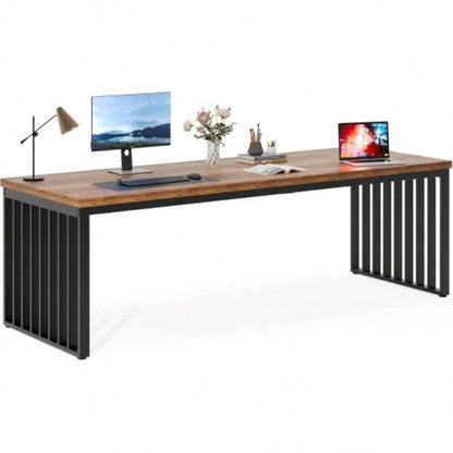78.74 Inches Double Computer Desk 2 Person - Long Industrial Workstation with Heavy Duty Metal Frame, Large Dual Study Table Home Office, Brown and Black