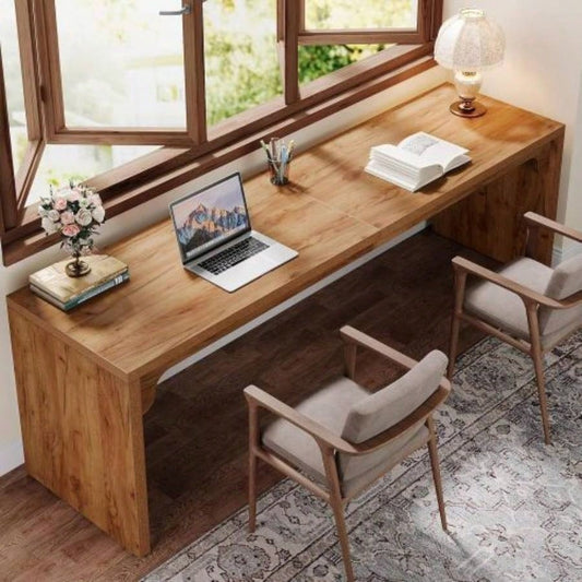 78. Long 2 - Person Computer Desk, Large Modern Wooden Workstation Home Office, Double Study Writing Table, Farmhouse Brown