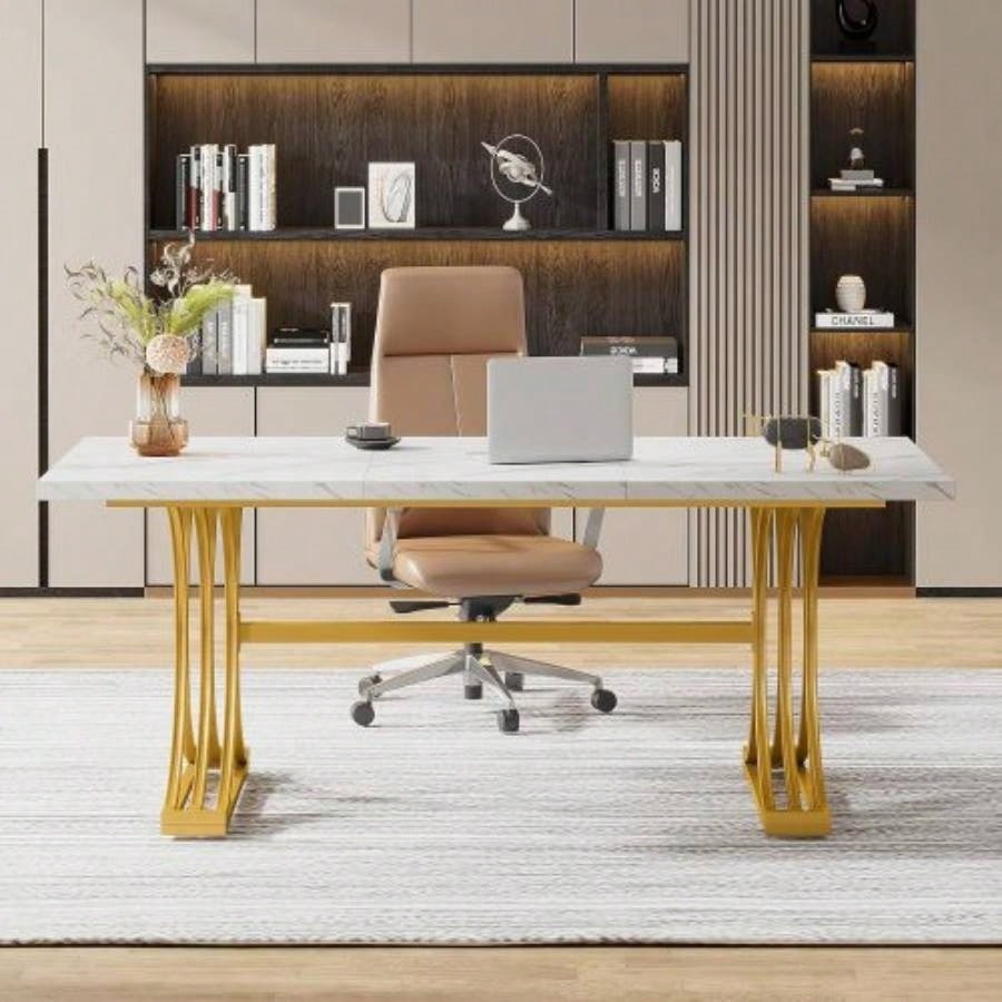 63 Modern Executive Desk, Large Office Computer Desk with Stylish Gold X - Faux Marble Top Workstation, Business Furniture Home Office, White Gold