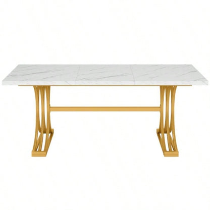 63 Modern Executive Desk, Large Office Computer Desk with Stylish Gold X - Faux Marble Top Workstation, Business Furniture Home Office, White Gold