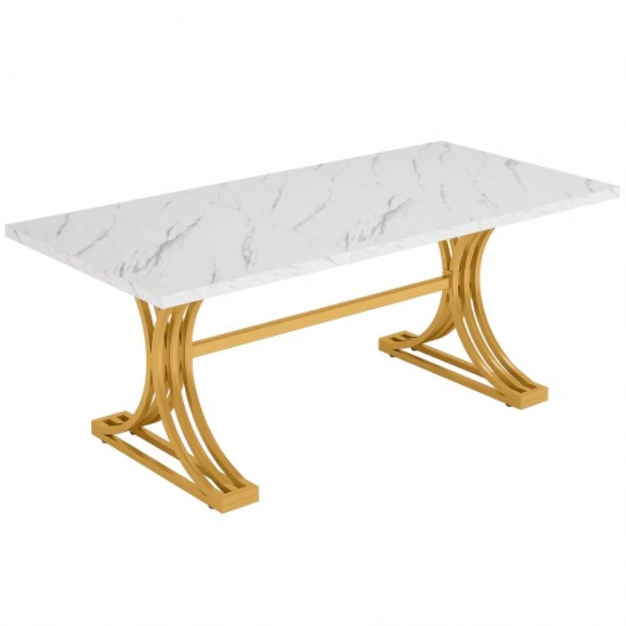 63 Modern Executive Desk, Large Office Computer Desk with Stylish Gold X - Faux Marble Top Workstation, Business Furniture Home Office, White Gold