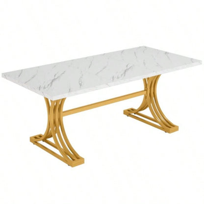 63 Modern Executive Desk, Large Office Computer Desk with Stylish Gold X - Faux Marble Top Workstation, Business Furniture Home Office, White Gold