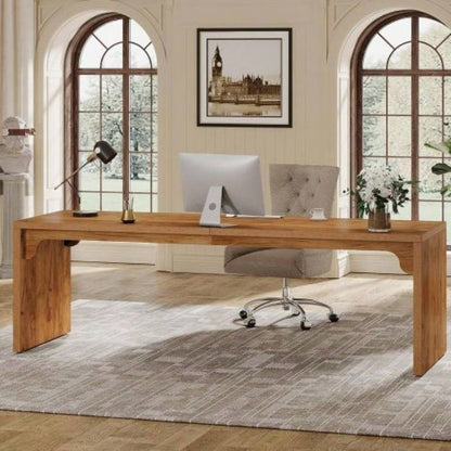 78. Long 2 - Person Computer Desk, Large Modern Wooden Workstation Home Office, Double Study Writing Table, Farmhouse Brown