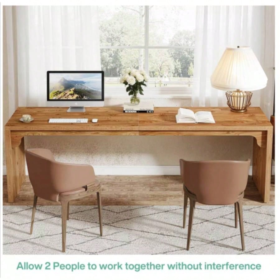 78. Long 2 - Person Computer Desk, Large Modern Wooden Workstation Home Office, Double Study Writing Table, Farmhouse Brown