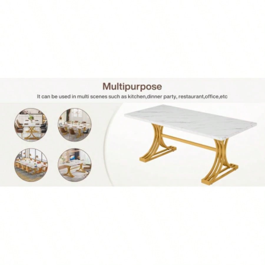 63 Modern Executive Desk, Large Office Computer Desk with Stylish Gold X - Faux Marble Top Workstation, Business Furniture Home Office, White Gold