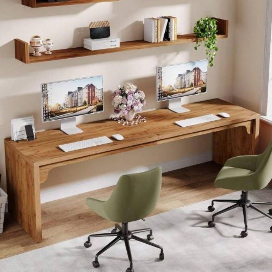 78. Long 2 - Person Computer Desk, Large Modern Wooden Workstation Home Office, Double Study Writing Table, Farmhouse Brown