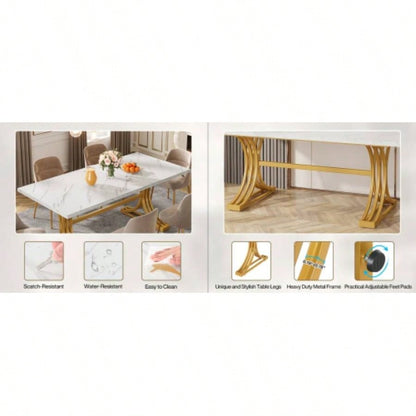 63 Modern Executive Desk, Large Office Computer Desk with Stylish Gold X - Faux Marble Top Workstation, Business Furniture Home Office, White Gold