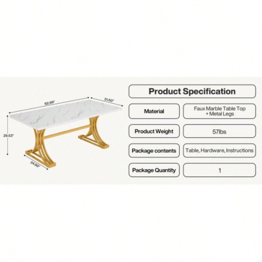 63 Modern Executive Desk, Large Office Computer Desk with Stylish Gold X - Faux Marble Top Workstation, Business Furniture Home Office, White Gold