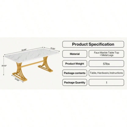 63 Modern Executive Desk, Large Office Computer Desk with Stylish Gold X - Faux Marble Top Workstation, Business Furniture Home Office, White Gold