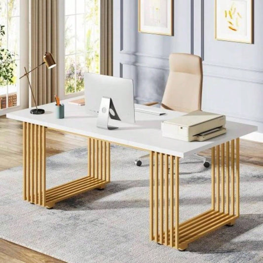 70.9 Modern Executive Desk, Large White Computer Desk with Gold Metal, Wooden Office Desk Home Office, Writing, Study, or Meeting Room Table 6 - 8 People