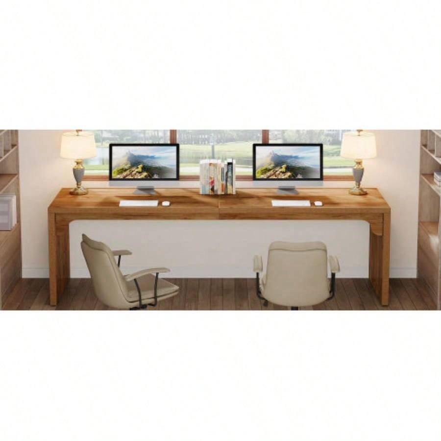 78. Long 2 - Person Computer Desk, Large Modern Wooden Workstation Home Office, Double Study Writing Table, Farmhouse Brown