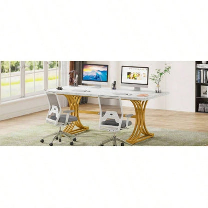63 Modern Executive Desk, Large Office Computer Desk with Stylish Gold X - Faux Marble Top Workstation, Business Furniture Home Office, White Gold
