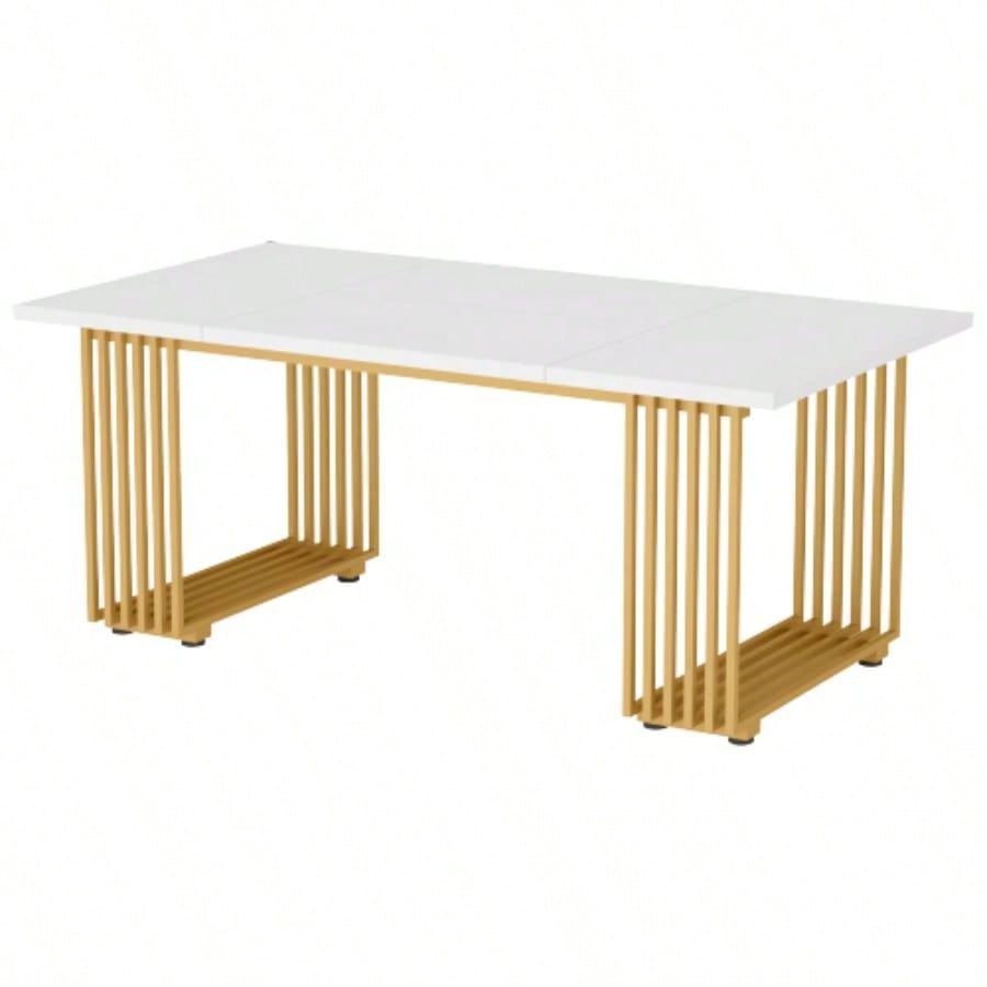 70.9 Modern Executive Desk, Large White Computer Desk with Gold Metal, Wooden Office Desk Home Office, Writing, Study, or Meeting Room Table 6 - 8 People
