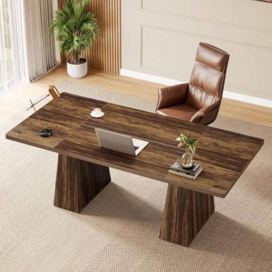 63 Modern Executive Desk, Large Home Office Computer Workstation with Sturdy Double Pedestal Base, Elegant Study Writing Table Business Gaming