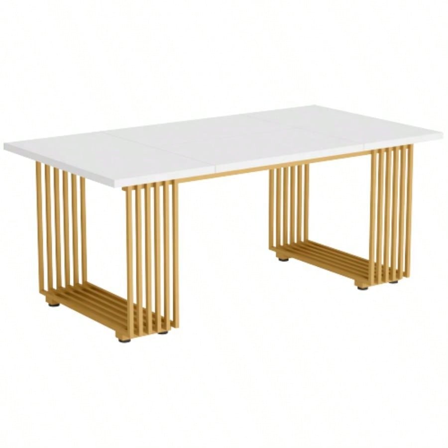 70.9 Modern Executive Desk, Large White Computer Desk with Gold Metal, Wooden Office Desk Home Office, Writing, Study, or Meeting Room Table 6 - 8 People
