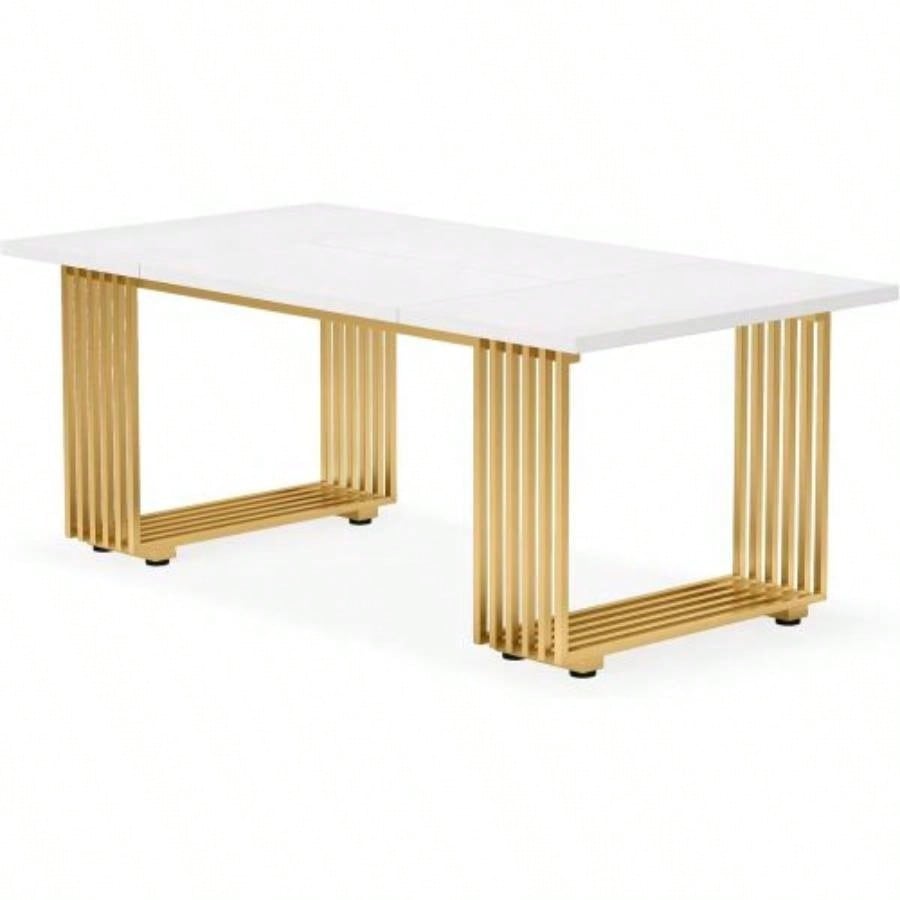 70.9 Modern Executive Desk, Large White Computer Desk with Gold Metal, Wooden Office Desk Home Office, Writing, Study, or Meeting Room Table 6 - 8 People
