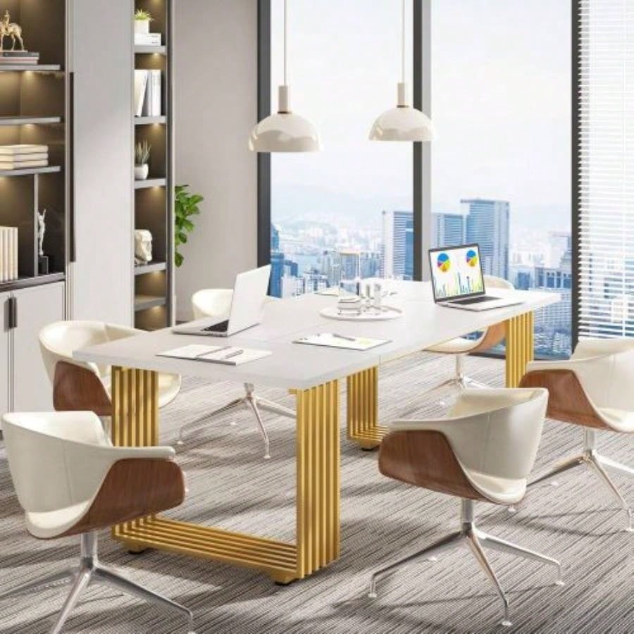 70.9 Modern Executive Desk, Large White Computer Desk with Gold Metal, Wooden Office Desk Home Office, Writing, Study, or Meeting Room Table 6 - 8 People