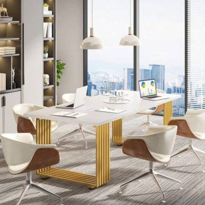 70.9 Modern Executive Desk, Large White Computer Desk with Gold Metal, Wooden Office Desk Home Office, Writing, Study, or Meeting Room Table 6 - 8 People