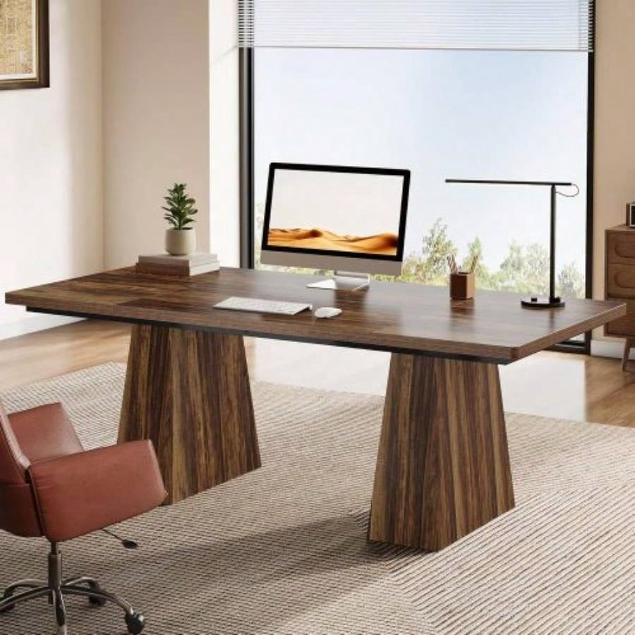 63 Modern Executive Desk, Large Home Office Computer Workstation with Sturdy Double Pedestal Base, Elegant Study Writing Table Business Gaming