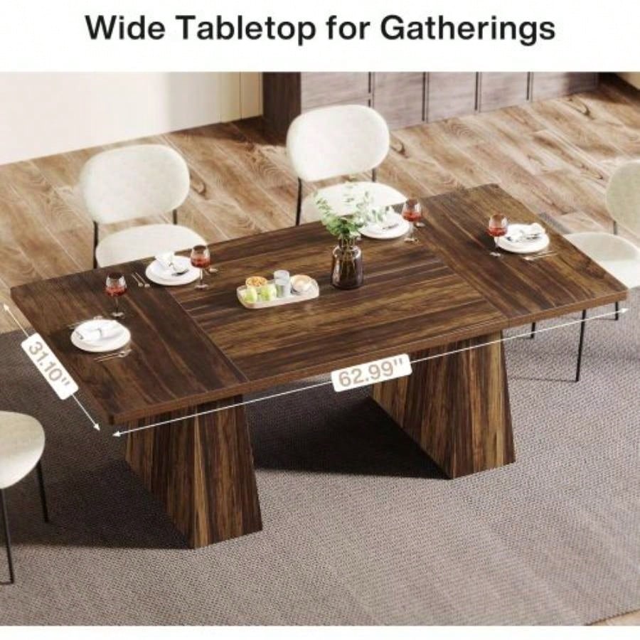 63 Modern Executive Desk, Large Home Office Computer Workstation with Sturdy Double Pedestal Base, Elegant Study Writing Table Business Gaming, Rustic Brown