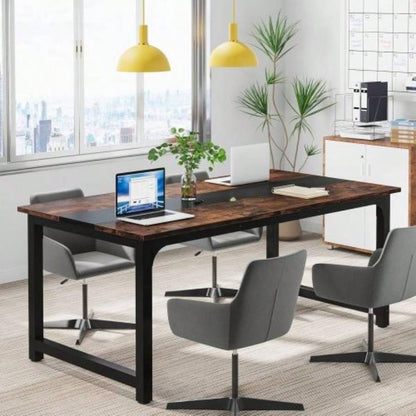 63 Large Modern Computer Desk Home Office - Heavy Duty Writing Table with Steel Frame, Industrial Workstation with Spacious Desktop Adjustable Feet, Rustic Brown Black